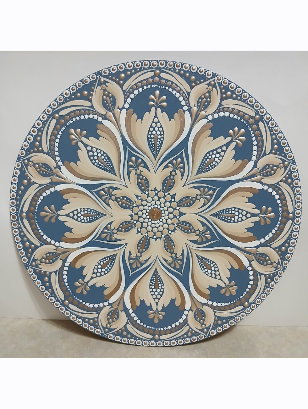 12" Hand Painted Wood Blue Beige Floral Mandala Plague Folk Art Boho Wall Decor